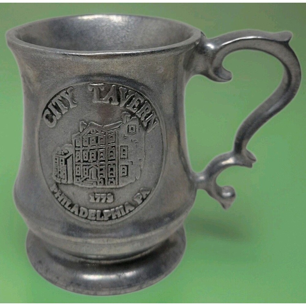 Vintage Pewter Metal Beer Stein Tankard Ornate Scroll Handle City Tavern Mug